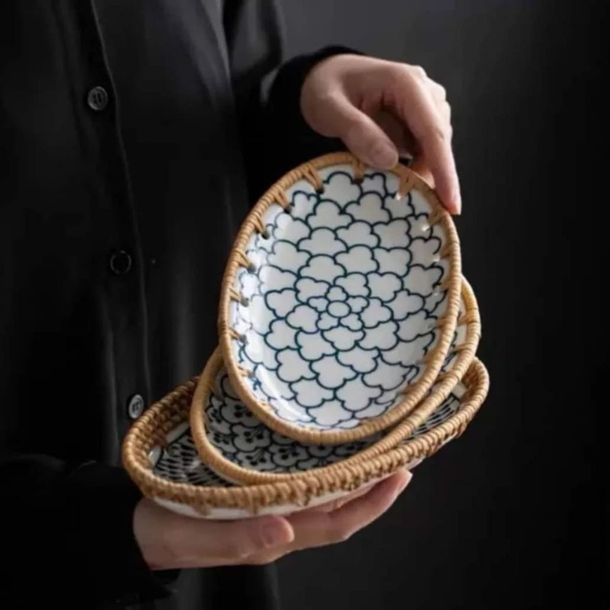 Small Braided Rattan Ceramic Dish 7 Small Braided Rattan Ceramic Dish 7