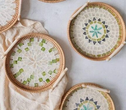 Pearl Inlay Rattan Trays With Wooden Handles 11