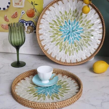 Round Pearl Inlay Rattan Trays 4