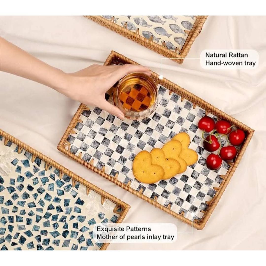 Checkerboard Patterned Pearl Inlay Rattan Trays 2 Checkerboard Patterned Pearl Inlay Rattan Trays 2