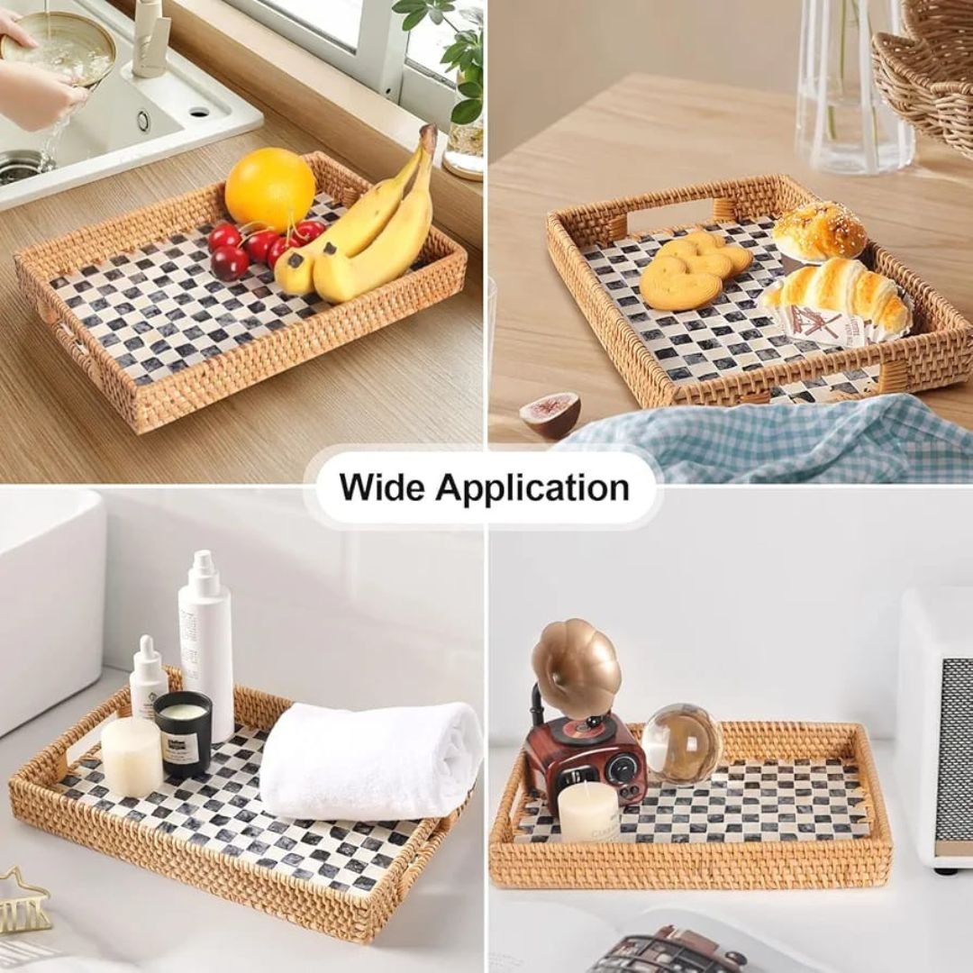 Checkerboard Patterned Pearl Inlay Rattan Trays Checkerboard Patterned Pearl Inlay Rattan Trays