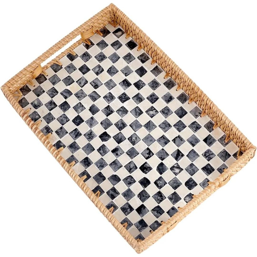 Checkerboard Patterned Pearl Inlay Rattan Trays1 Checkerboard Patterned Pearl Inlay Rattan Trays1