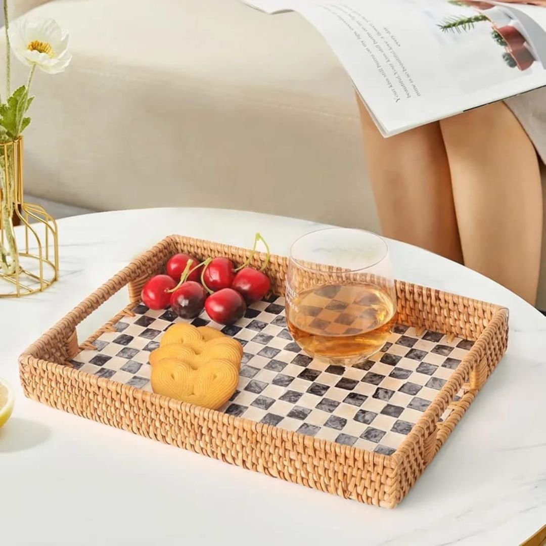 Checkerboard Patterned Pearl Inlay Rattan Trays4 Checkerboard Patterned Pearl Inlay Rattan Trays4