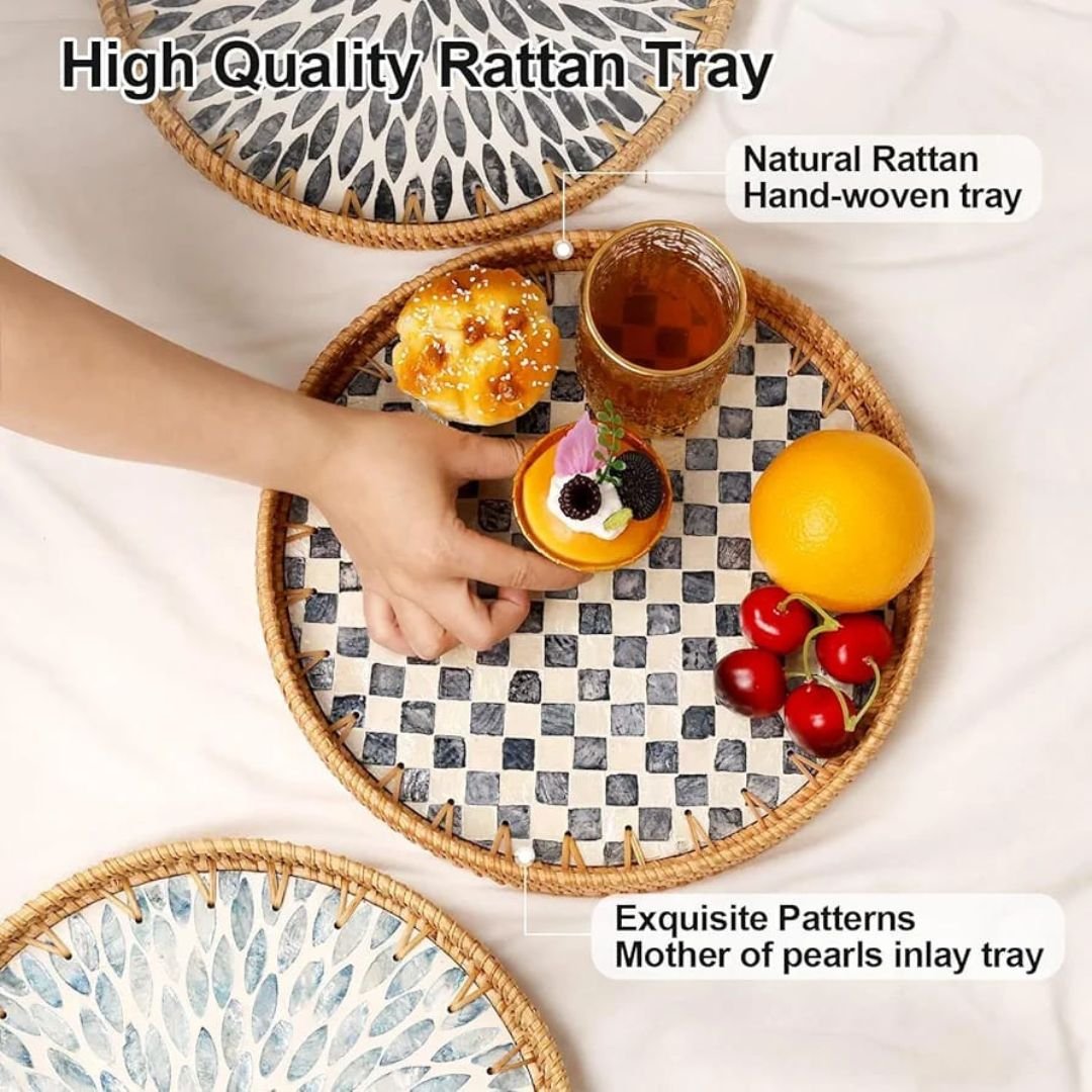 Checkerboard Patterned Pearl Inlay Rattan Trays6 Checkerboard Patterned Pearl Inlay Rattan Trays6