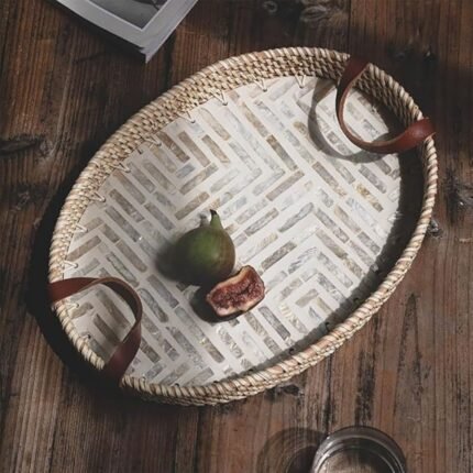 Oval Seashell Leather Handle TrayFruit Bowl homestuffbd