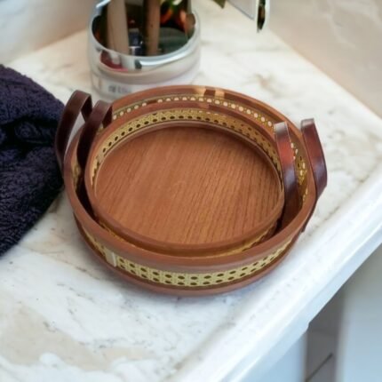 Leather Handle Rattan Tray Storage Basket