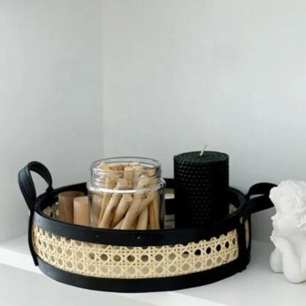 Leather Handle Rattan Tray Storage Basket homestuffbd2