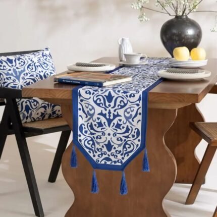 Blue and Pearl White Porcelain Patterned Multiple Tassels Table Runner 4