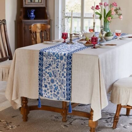 Blue and Pearl White Porcelain Patterned Table Runner 1