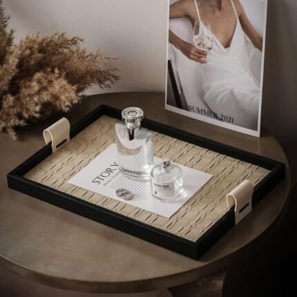 Rectangular L’Essence Luxe Leather and Wood Tray 3