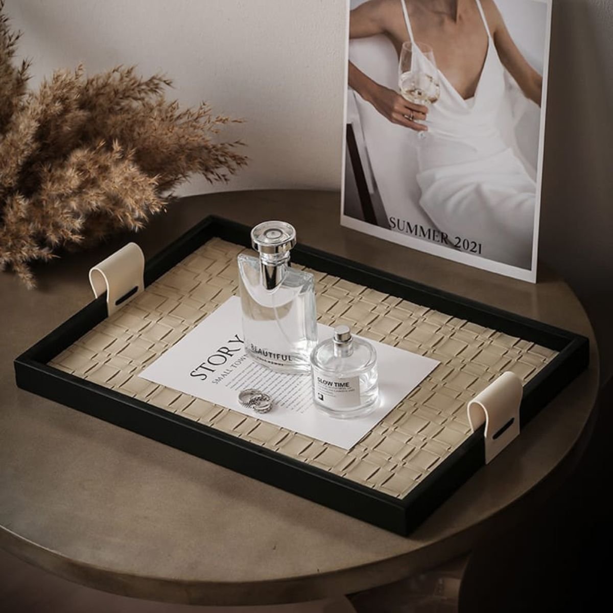 Rectangular L’Essence Luxe Leather and Wood Tray 3 Rectangular L’Essence Luxe Leather and Wood Tray 3